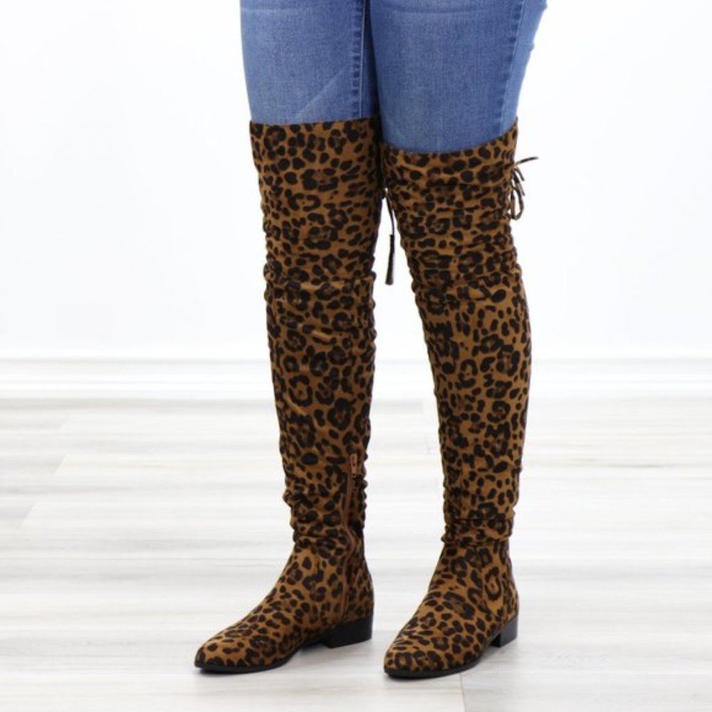 Leopard Suede Thigh High Flat Boot Lace Up Back - Picture 6 of 14
